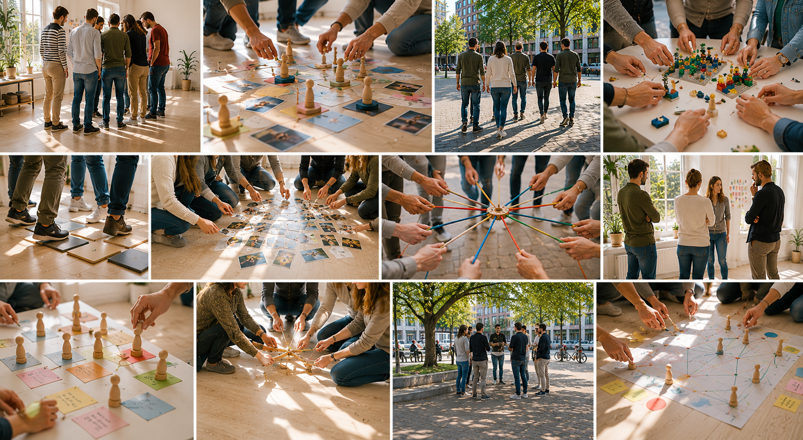 Collage aus Coaching, Teamentwicklung, Symbolarbeit und City Bound als Erfahrungsräume von ErlebnisPur.