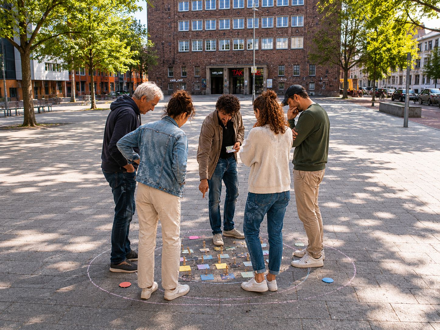Gruppe entwickelt draußen im urbanen Raum gemeinsam Ideen für ein passendes Format.