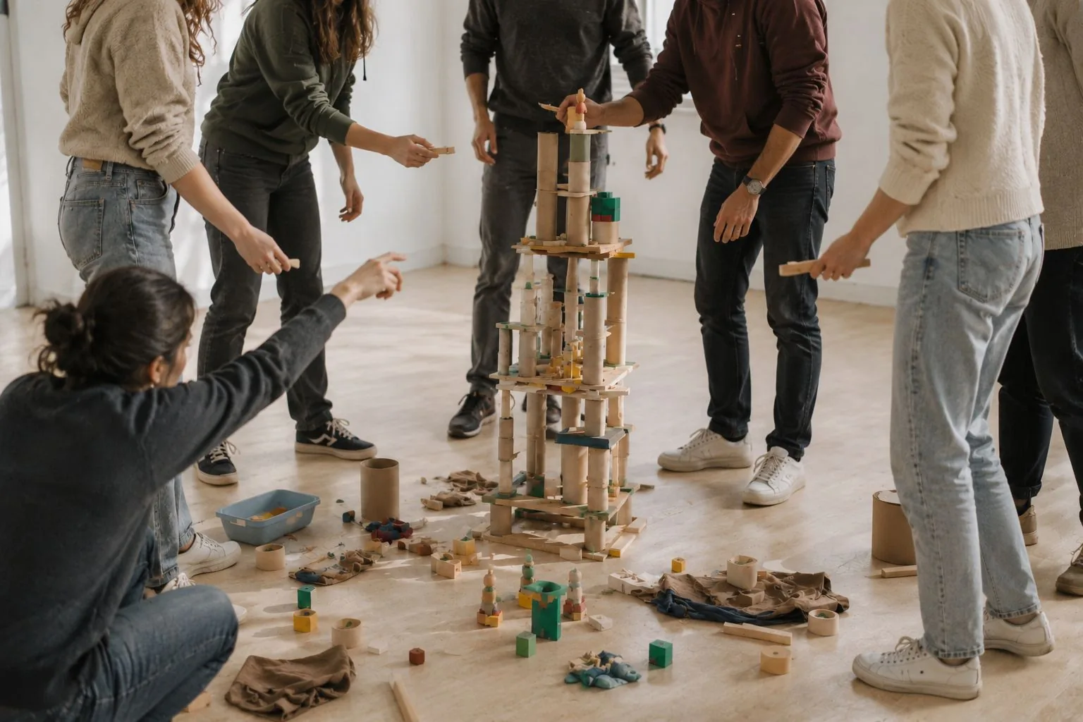 Kooperationsaufgabe zur Teamentwicklung mit Holzmaterialien